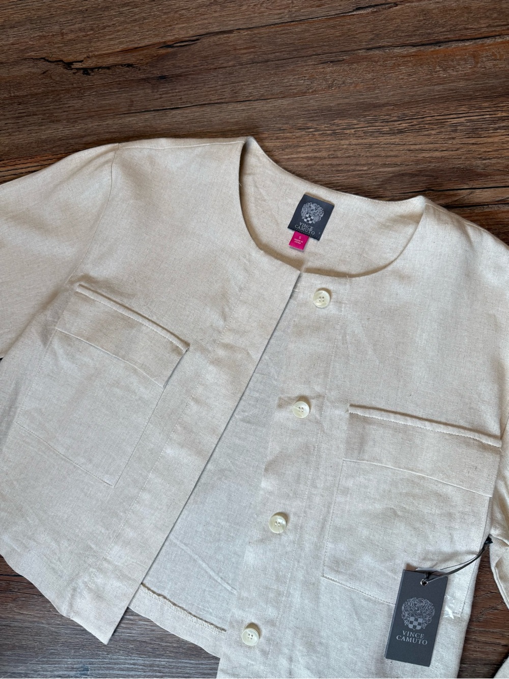 VINCE CAMUTO Linen Semi Crop Jacket Top Shirt Button Flap Pockets Loose Fit